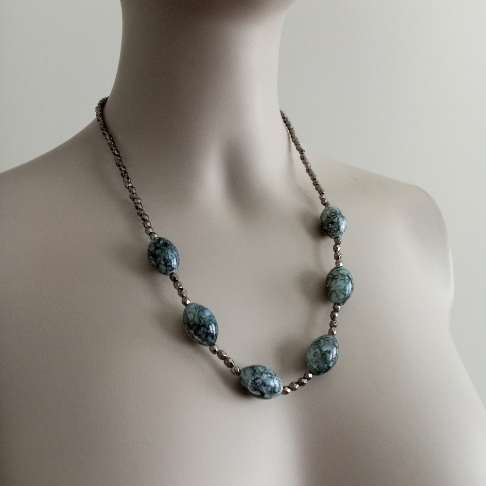 Silver crystal and black marble jasper beaded statement necklace hand crafted